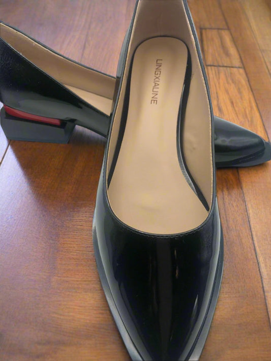 Lingxiaune Black Patent Leather Block Heel Shoes size 8.5